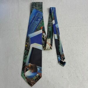 90s Vintage Ralph Marlin Mens OS Blue Computer Mouse Tech Novelty Tie 1995 USA